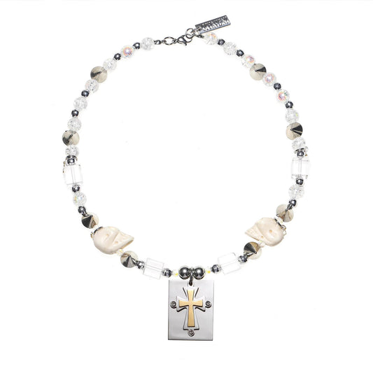 Beige Skull Riveted Cross Necklace | Buy at Khanie