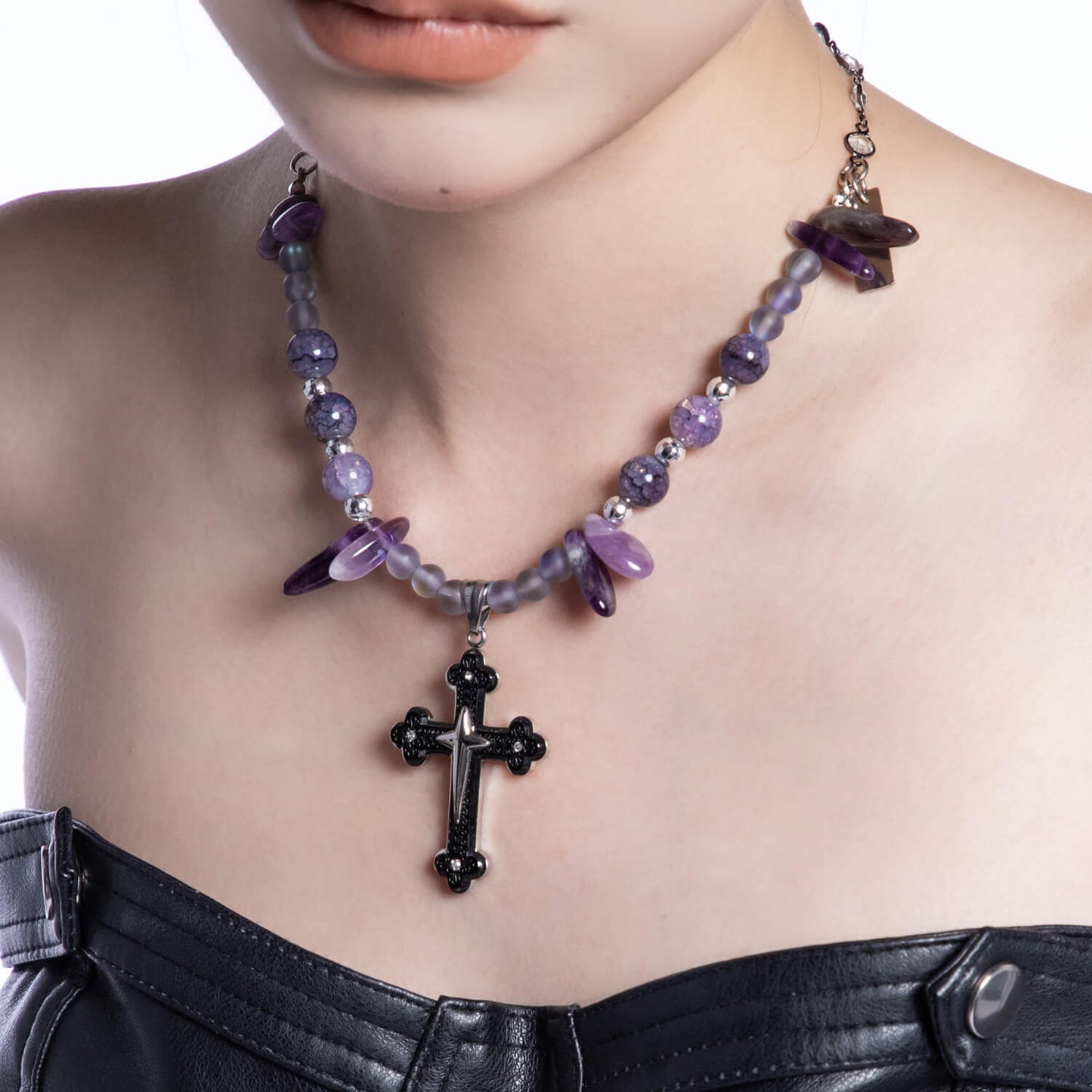 Purple Crystal Beaded Cross pendant Necklace | Buy at Khanie