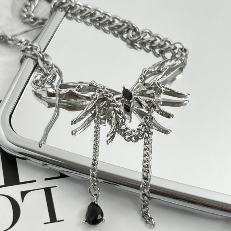 butterfly charm tassel necklaces in silver color and black alloy like a gemstone