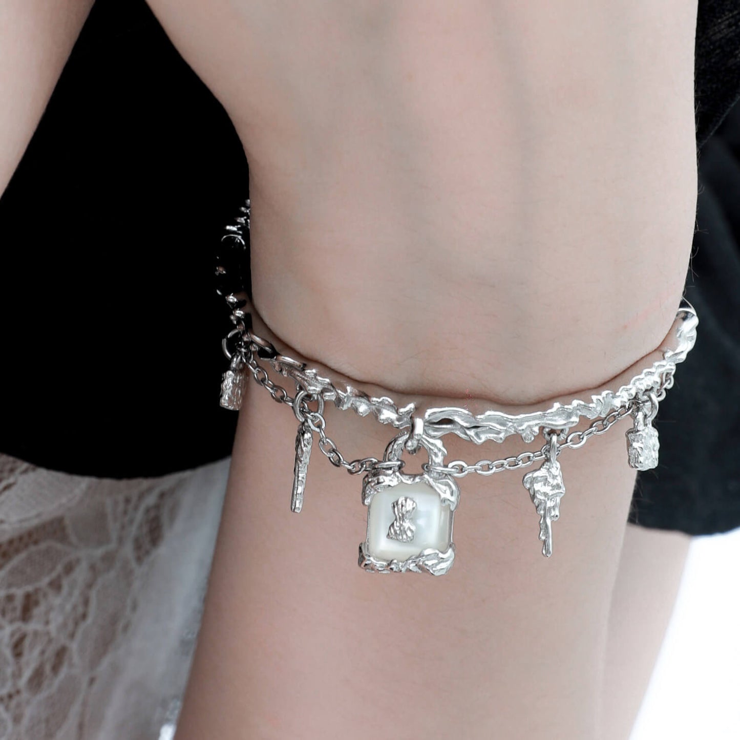 Lock & Key Pearl Charm Bracelet  KHANIE