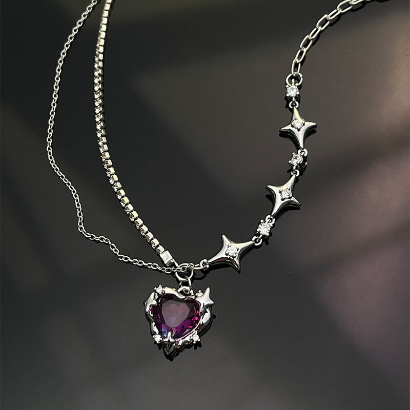 Purple y2k necklace and heart pendant with double layer chain at khanie jewelry online shop