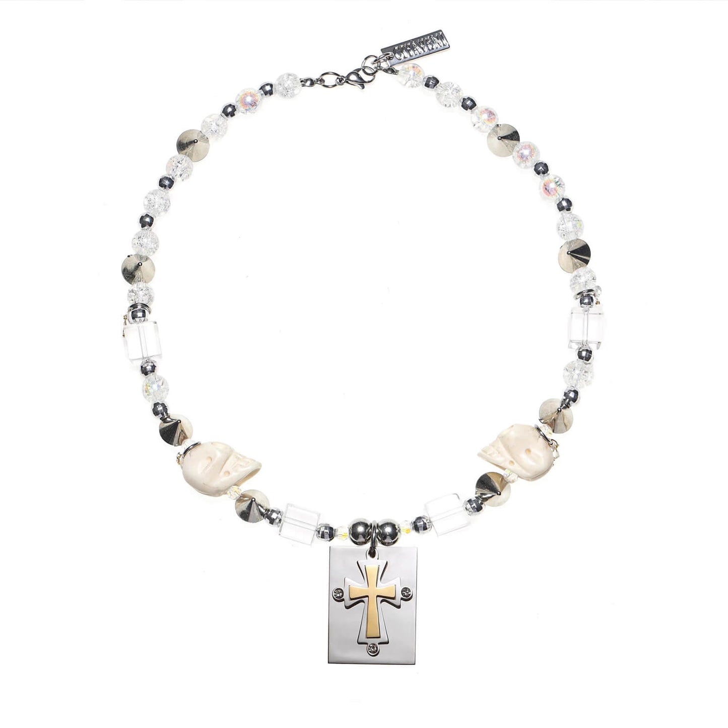 Beige Skull Riveted Cross Necklace | Buy at Khanie