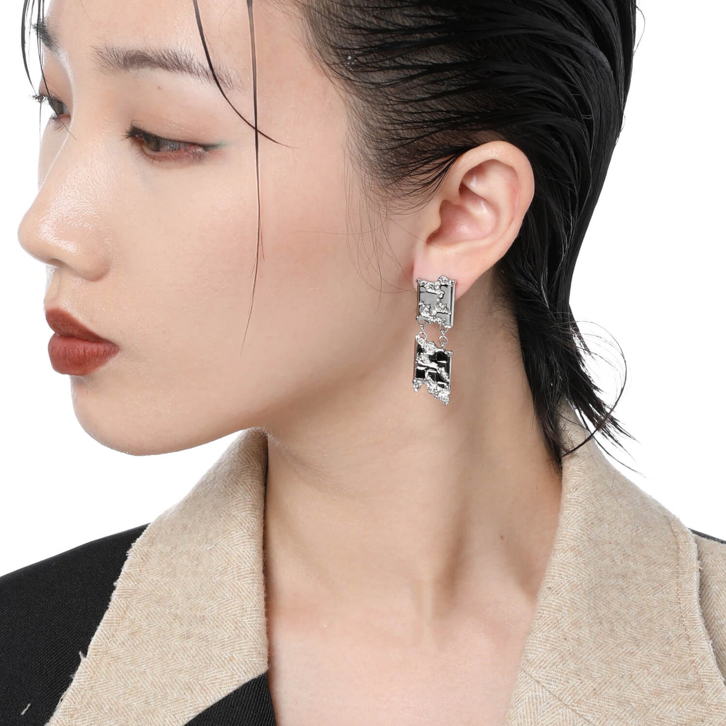 Checkerboard Tassel Stud Earrings Asymmetric Ear Clips | Buy at Khanie
