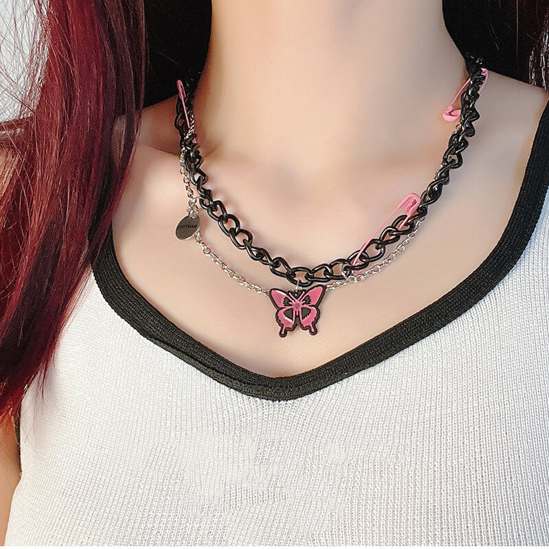 Pink Butterfly Y2K Necklace Aesthetic Necklace  Buy at Khanie