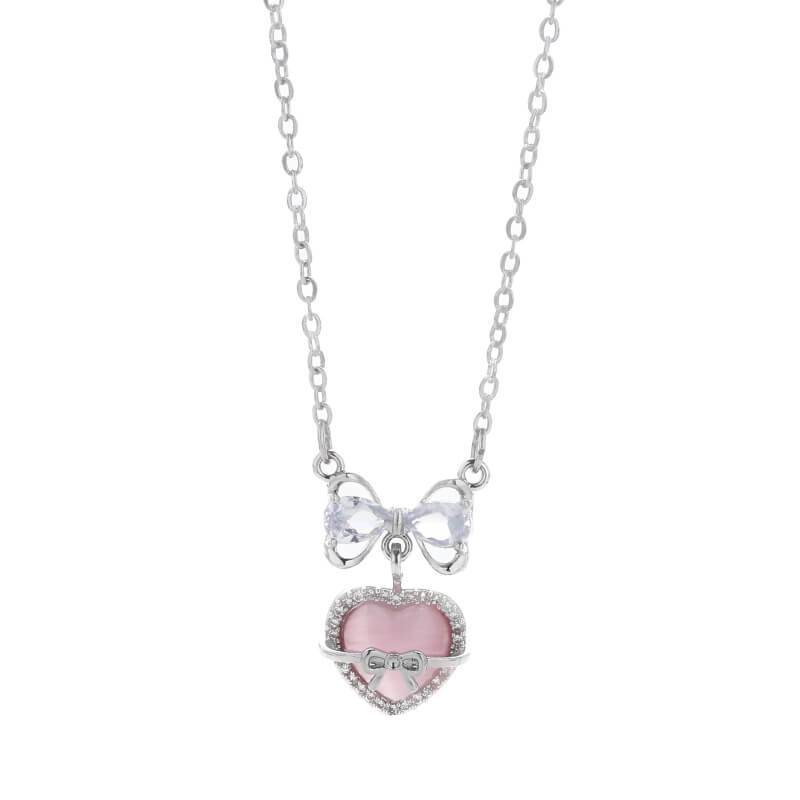 Pink Cat's Eye Heart Bow Tie Statement Necklace  Buy 3 Pay for 2  Buy at Khanie