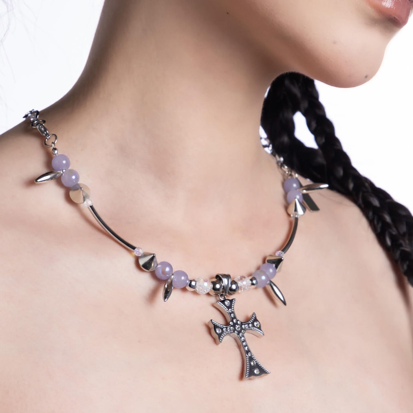 Riveted Beaded Cross Pendant Clavicle Necklace | Buy at Khanie