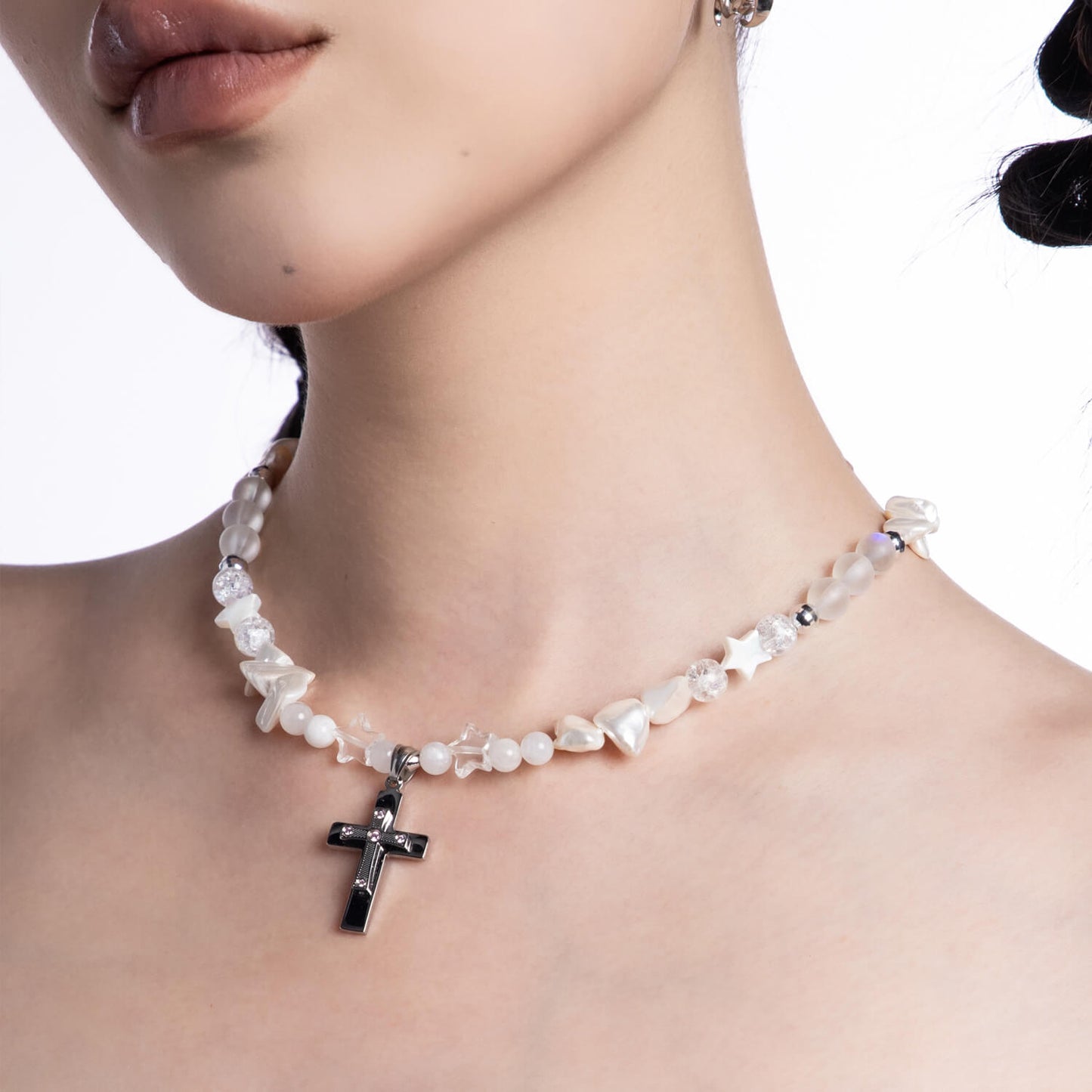 Sleek White Pearl Cross Necklace | Buy at Khanie