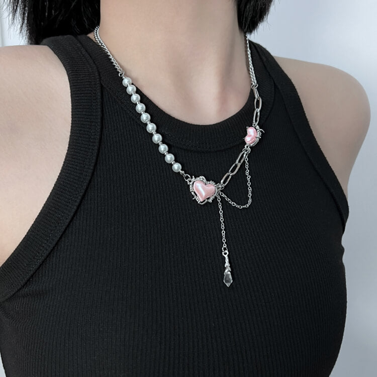 Thorny Pink Heart Pearl Necklace for Women