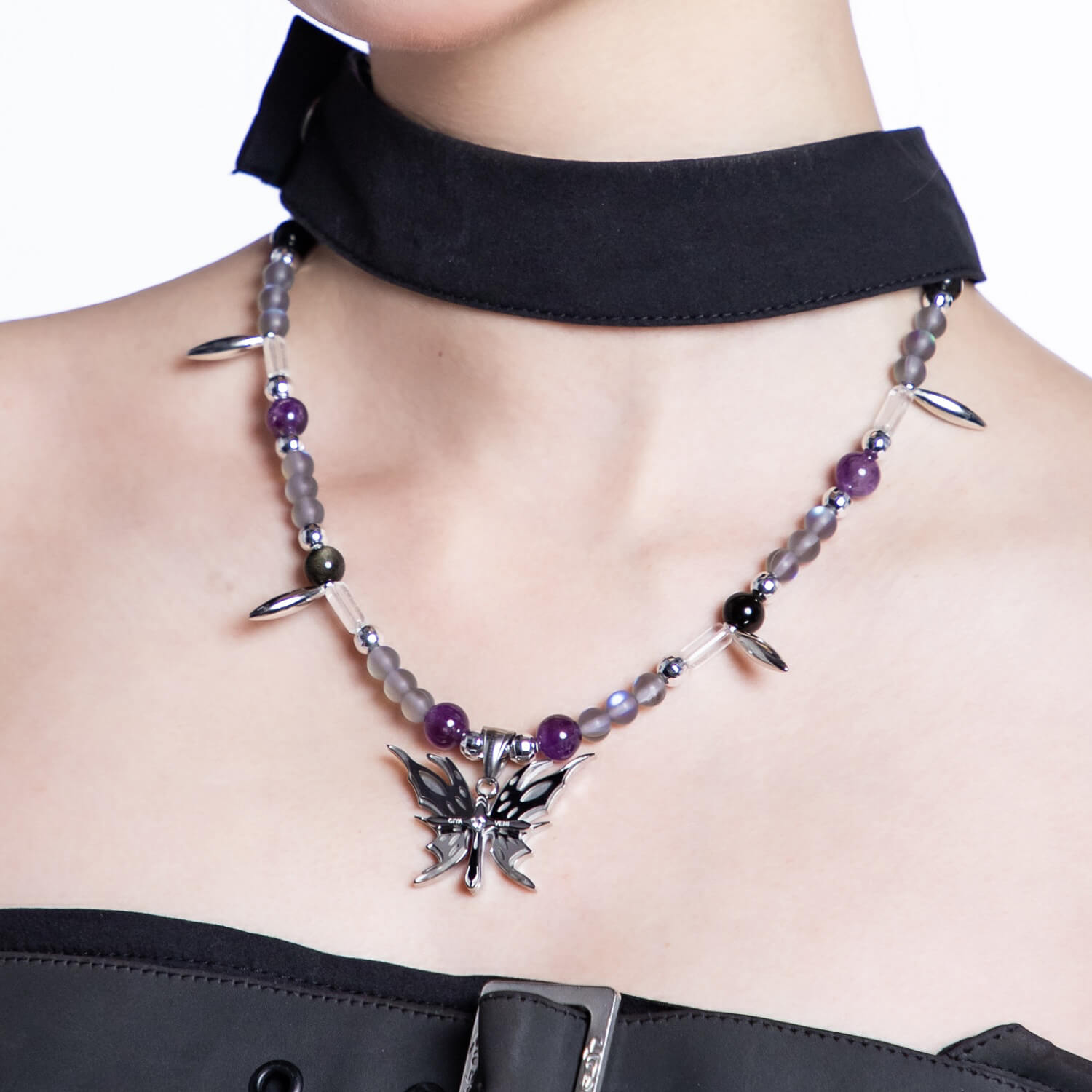 Y2K Butterfly Black Gallstone Amethyst Necklace | Buy at Khanie