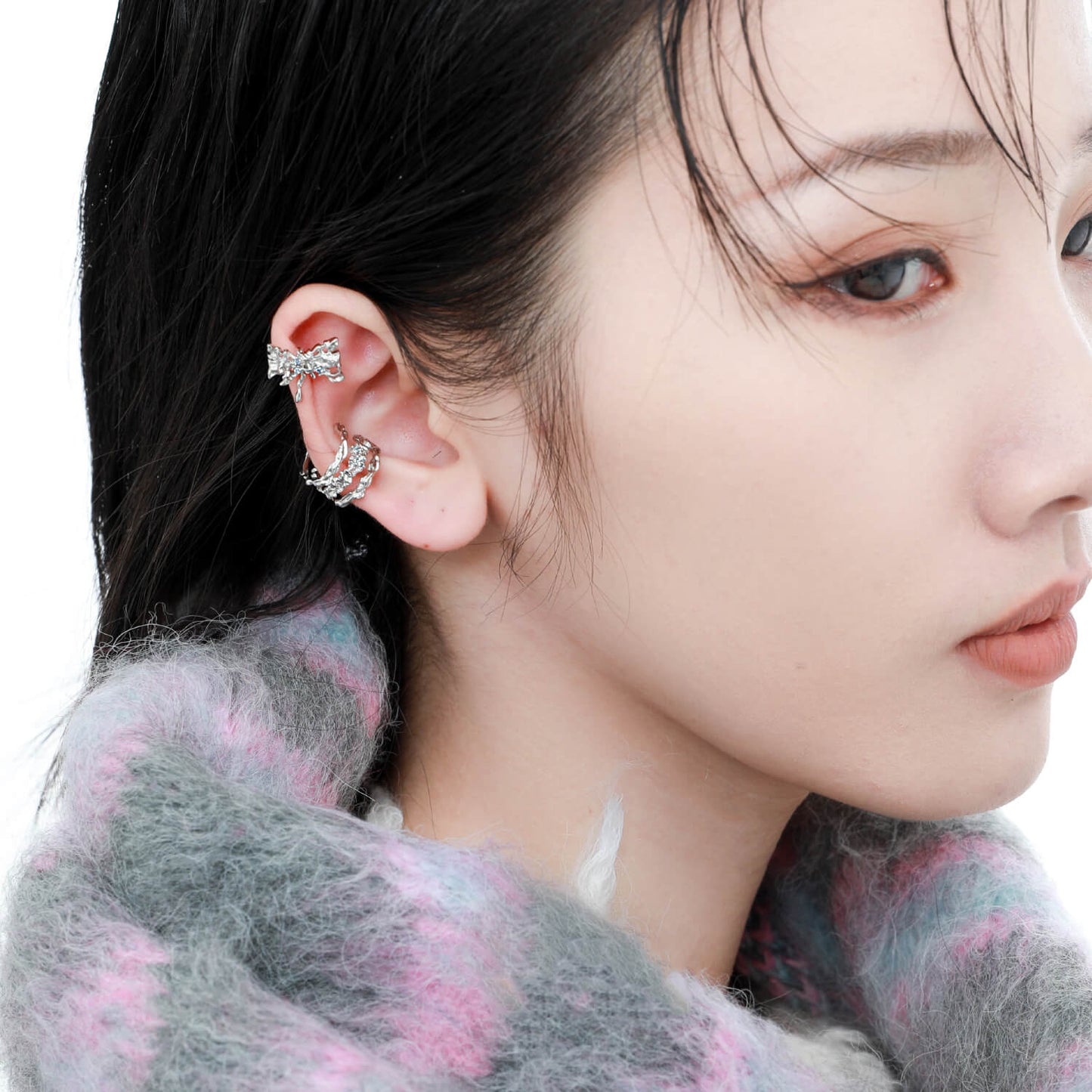 Y2K Chic Silver Bow Ear Clips with Gemstones  Buy at Khanie