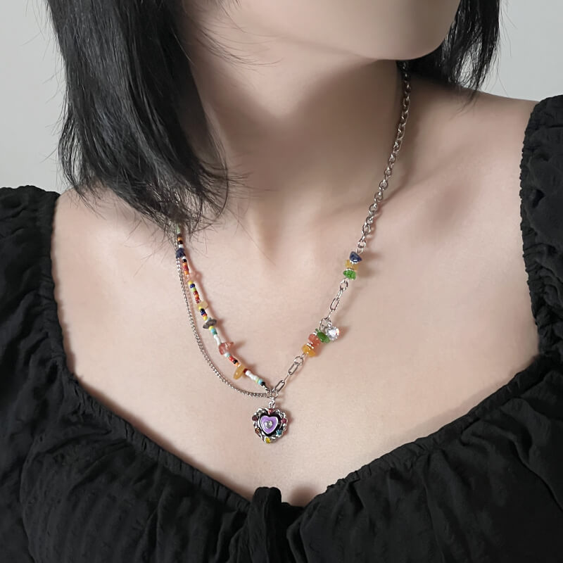Y2K Colorful Stone Beaded Heart Pendant Necklace  Buy at Khanie