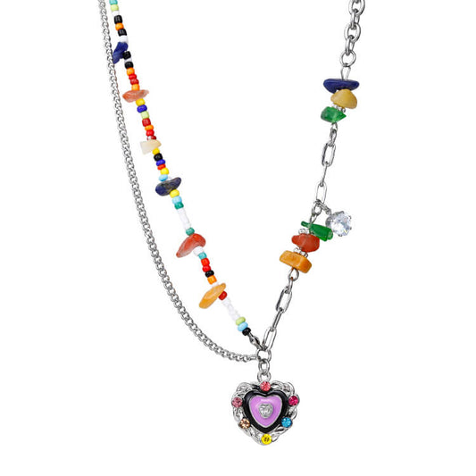 Y2K Colorful Stone Beaded Heart Pendant Necklace  Buy at Khanie