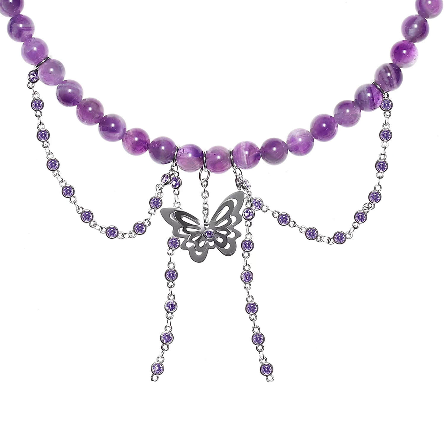 Y2K Purple Amethyst Beaded Butterfly Necklace | Buy at Khanie