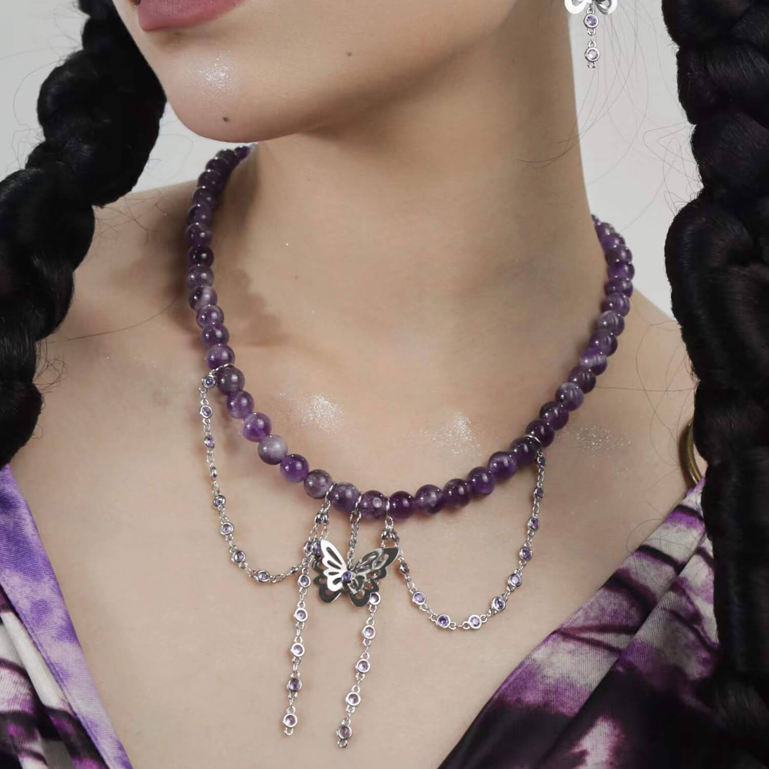 Y2K Purple Amethyst Beaded Butterfly Necklace | Buy at Khanie